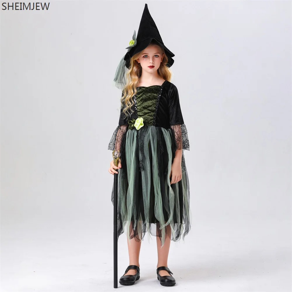 สาวแม่มดคอสเพลย์เครื่องแต่งกายหมวกแหลมฮาโลวีนเด็กเทพนิยายชุดปาร์ตี้สวมหน้ากากคาร์นิวัลเวทีแสดงแต่งตัว