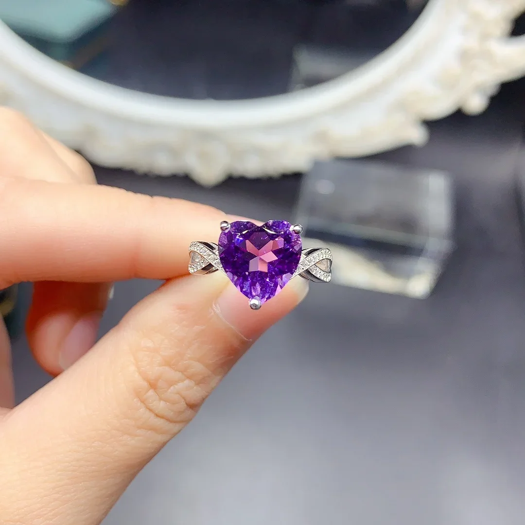 S925 Sterling Silver Natural new Heart ring set with amethyst ring Noble purple Seiko set high quality jewelry wedding