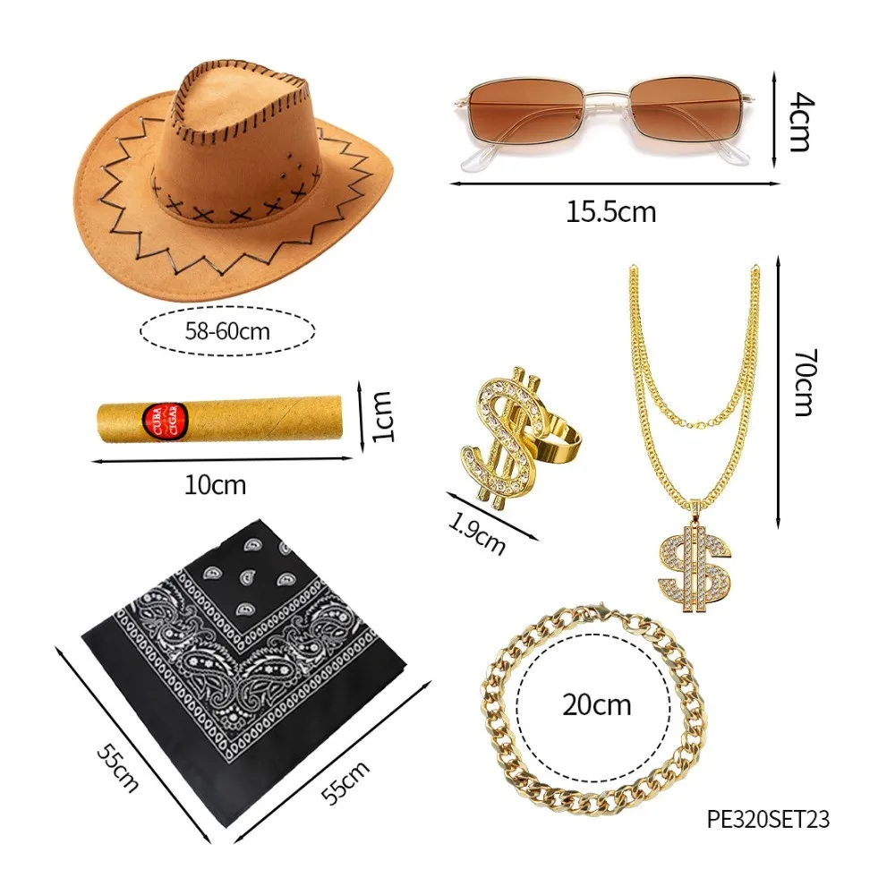 

PESENAR Men's suit denim suede vest hat tie bull buckle belt Halloween costume party