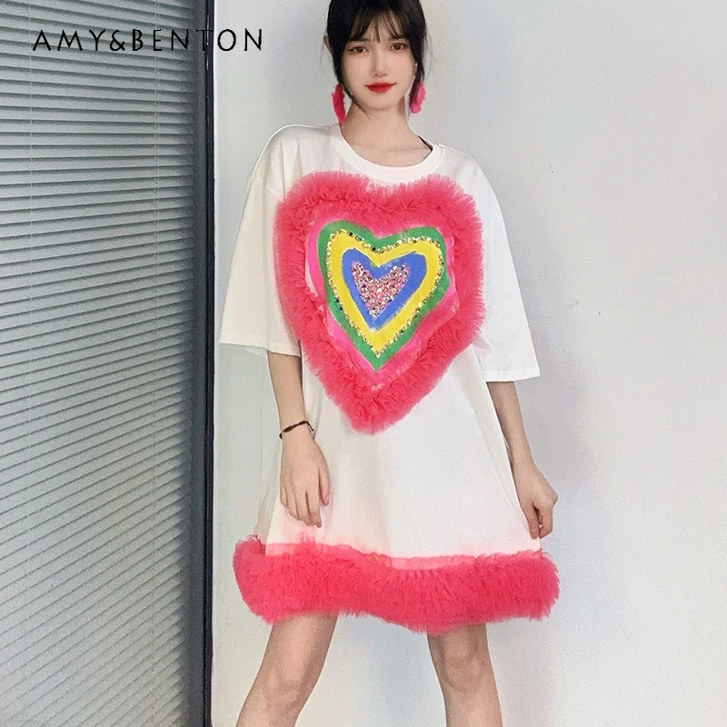 2024 Summer New Vestido Heavy Embroidery Sequins Love Mesh Stitching Loose Oversize Short Sleeved Mid-Length T-shirt Dress Women