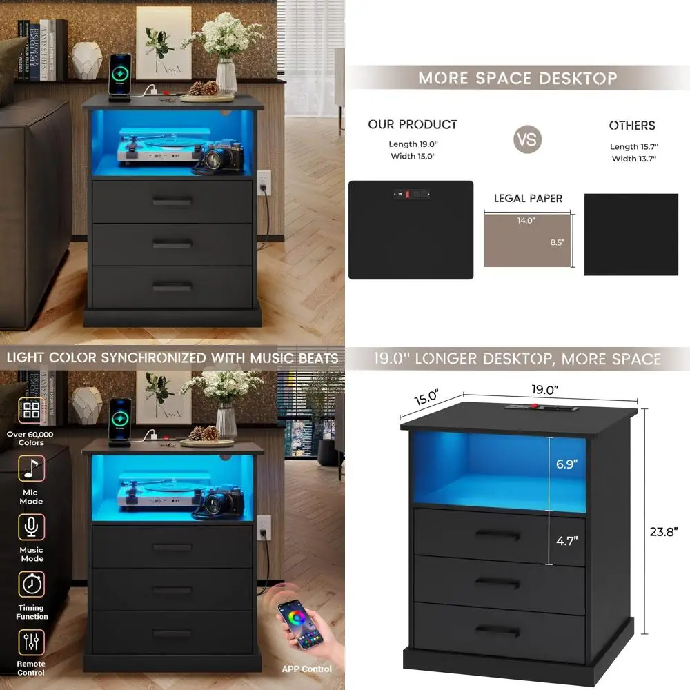 منضدة كبيرة بإضاءة LED مع 3 أدراج، وطاولة جانبية لغرفة النوم باللون الأسود #1