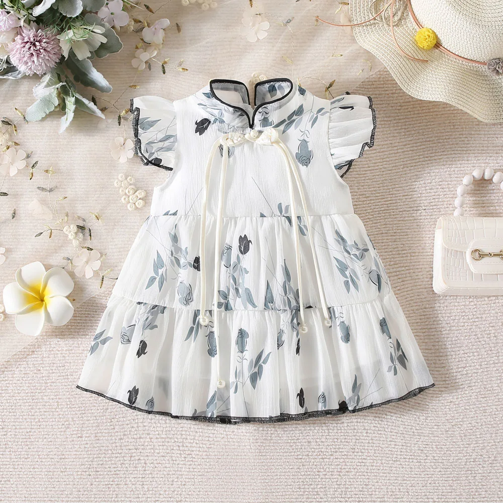 Summer New Girl Baby Dress Hand-painted Green Light and Thin Mesh Flower Small Flying Sleeves Chinese Sweet Princess Dress