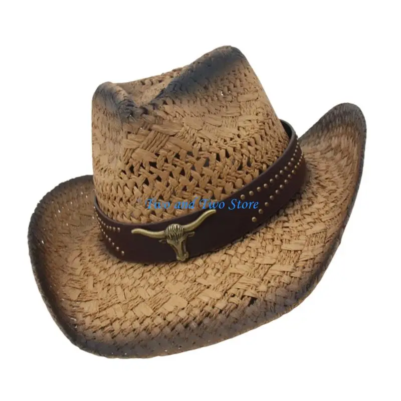 

HX6F Straw Cowboy Hats with Wide Brims For Horseback Sports Country Styles Lightweight Design Unisex Headwear