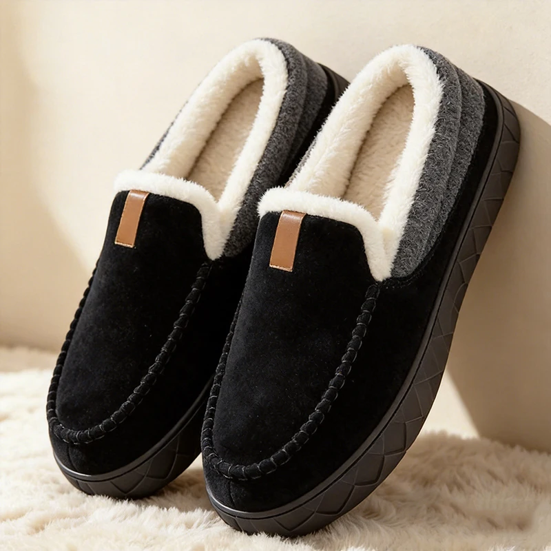 Männer Hausschuhe Hause Nähen Plüsch Memory Foam Warme Hausschuhe Männlich Luxus Wildleder Weiche Nicht-Slip Winter Hausschuhe für Innen/Außen