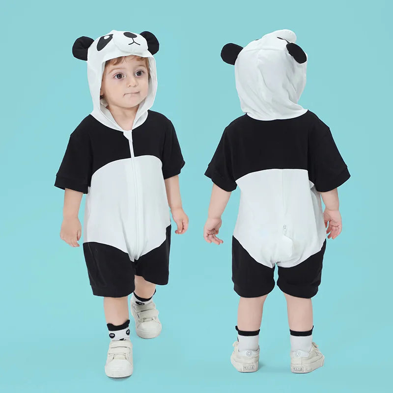 Kawaii Panda Summer Newborn Baby Clothes Girls Boys Bodysuit Romper Baby Cartoon Hooded Outfits Toddler Infant Onesie Playsuits