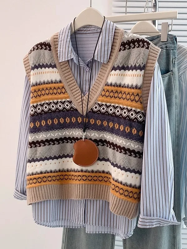 

Retro Faion Knitted Vest Women's Svel V-Ne Striped Sweater Vest High-End Sensation Layering Spring Autumn Cotton