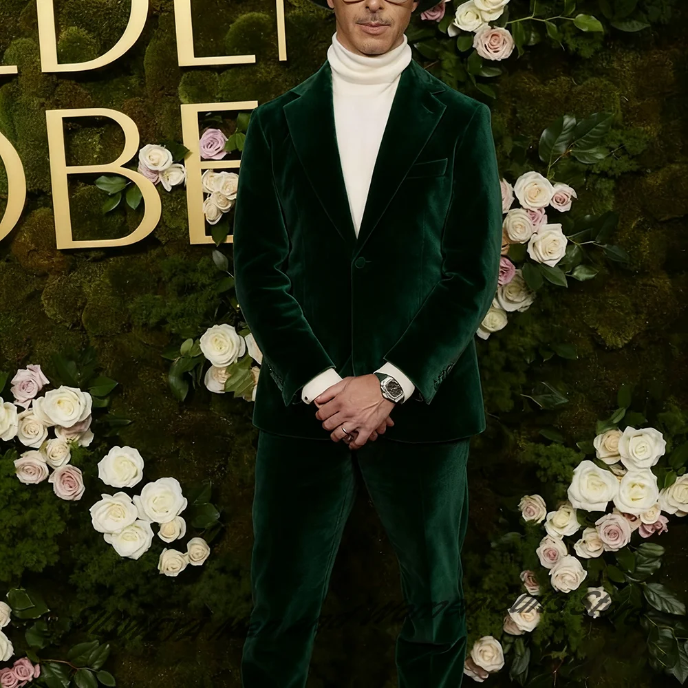 

Темно-зеленые бархатные костюмы для мужчин, однобортный комплект из двух предметов с лацканами (куртка + брюки), элегантная официальная одежда для вечеринок