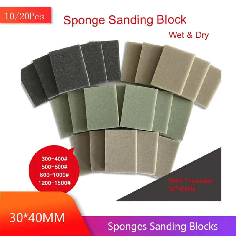 10/20Pcs Wet and Dry Sponge Sanding Block 30*40MM 300-1500 Grit Assorted for Car Woodworking and Metalworking Polishing