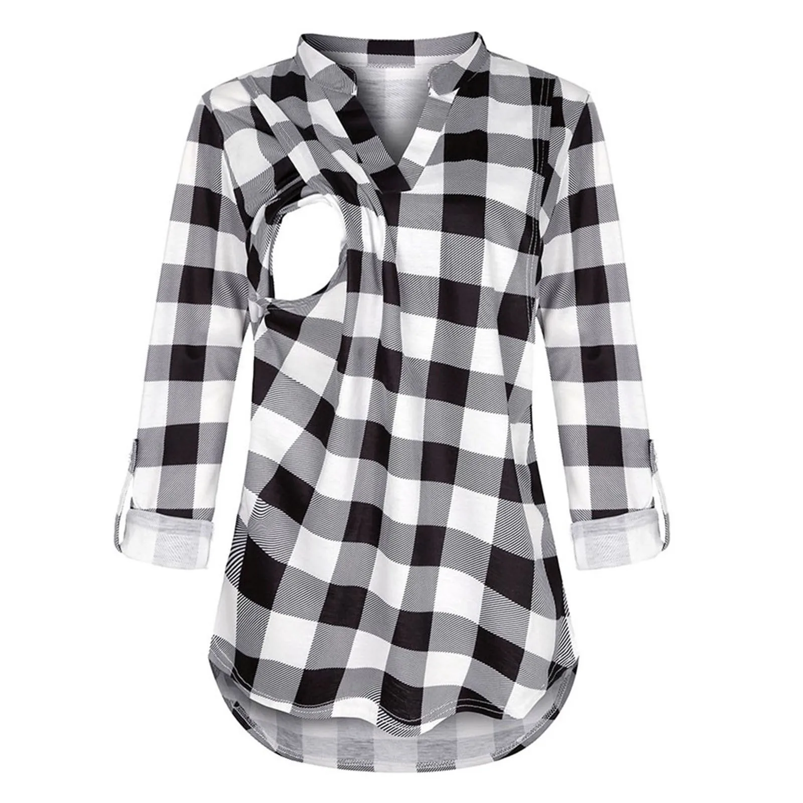 

Pregnant Women Breastfeeding Top Shirts Maternity Autumn Winter Long Sleeve Plaid Printed Nursingg Blouse Casual V Neck Tops