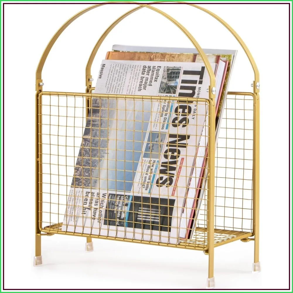 Modern Handbag Magazine Holder – Freestanding Metal Rack for Books, Records, Newspaper (Gold)