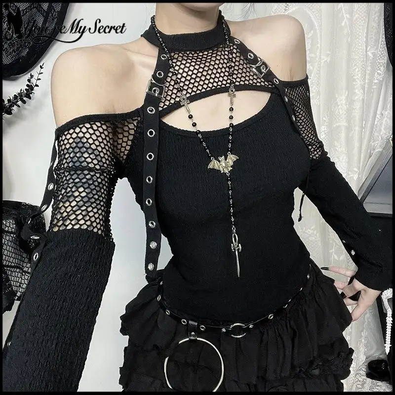 [You're My Secret] Punk Style Belt with Metal Buckle T-shirt Sexy Off-Shoulder Long Sleeve Fishnet Top Women Halloween Outfit