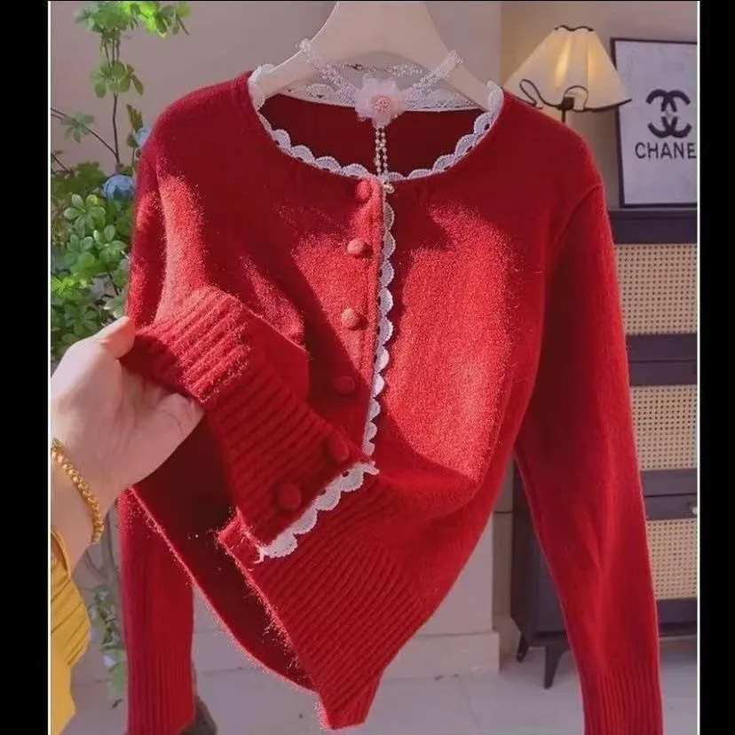 

Весенне-осенний кружевной вязаный кардиган, куртка, женский милый мягкий свободный свитер, пальто, женский элегантный дикий кардиган, свитер