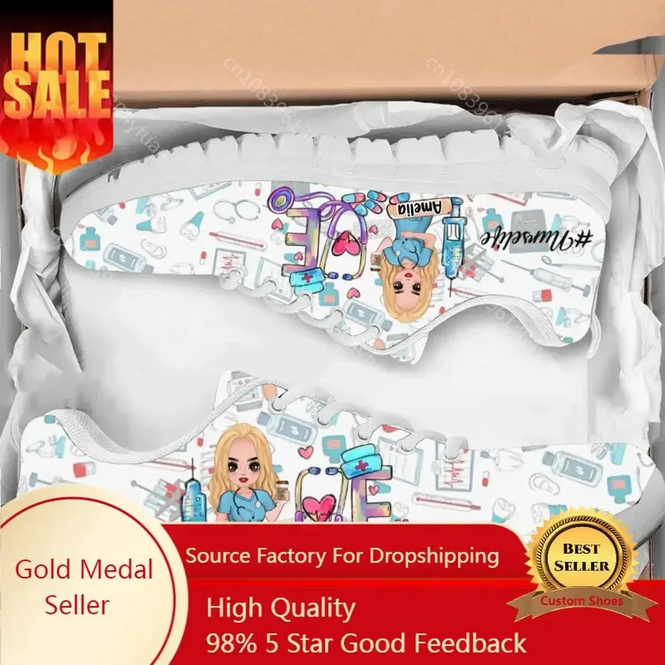 

Kawaii Nurse Flat Shoes Women Lace Up Mesh Sneakers Medical Tool Pattern Ladies Footwear Lightweight Zapatillas Gift