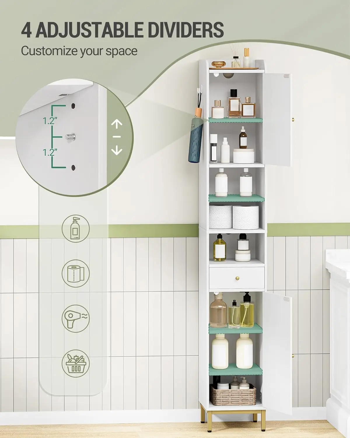 Bathroom Cabinet With Adjustable Shelves Doors Drawer Freestanding Tall Floor Storage Cabinet Narrow Toilet Paper Organizer Frame Wooden Utility Tower White view 6