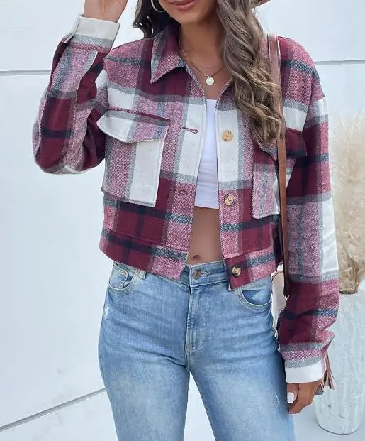 

Women's Retro Lapel Short Plaid Cardigan Jacket Autumn/Winter 2025 Fashion Classic Checkered Lapel Coat for Ladies