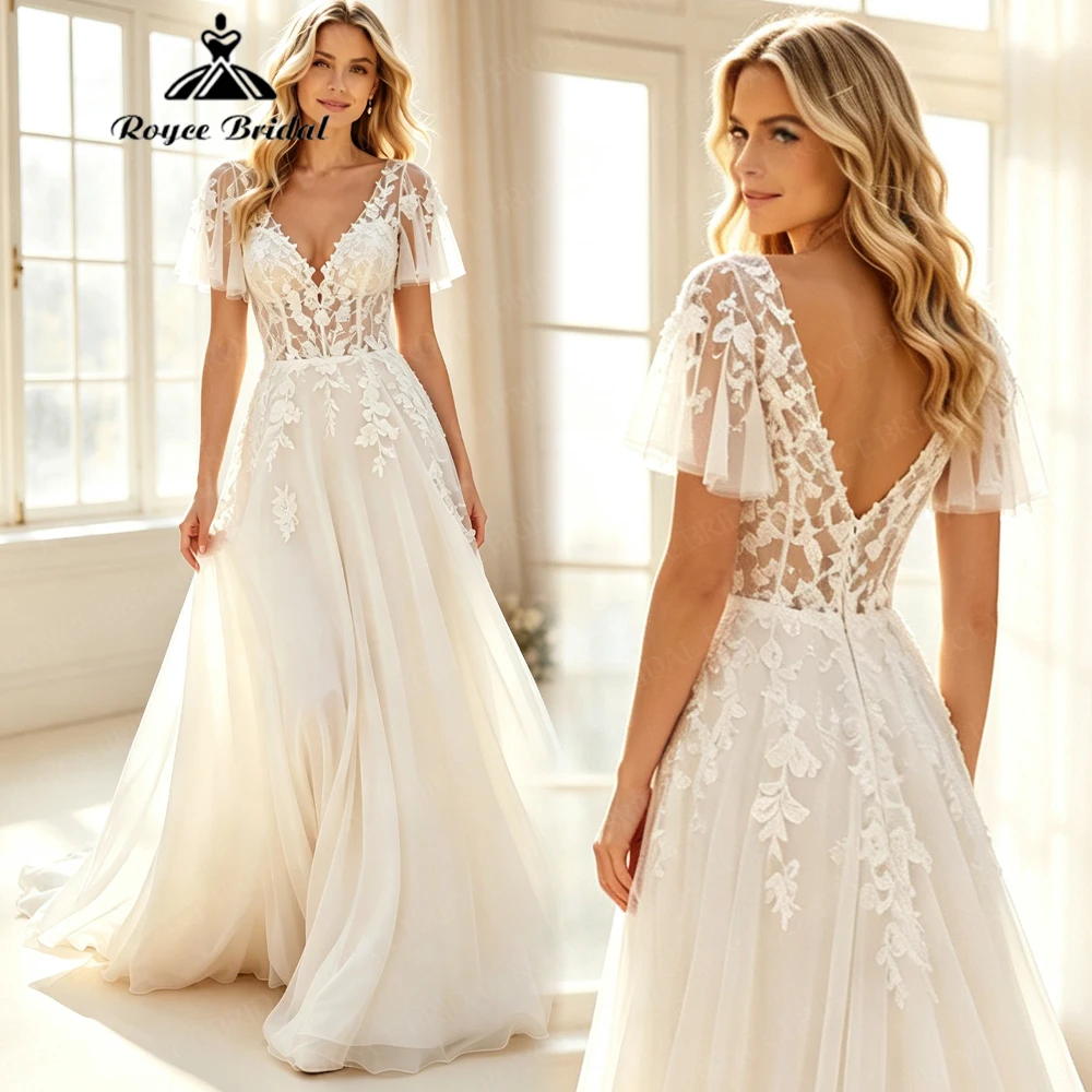 Elegant V Neck Simple A Line Wedding Dresses 2027 Open Back Flowers Lace Beach Bridal Gown Customized vestido de novia