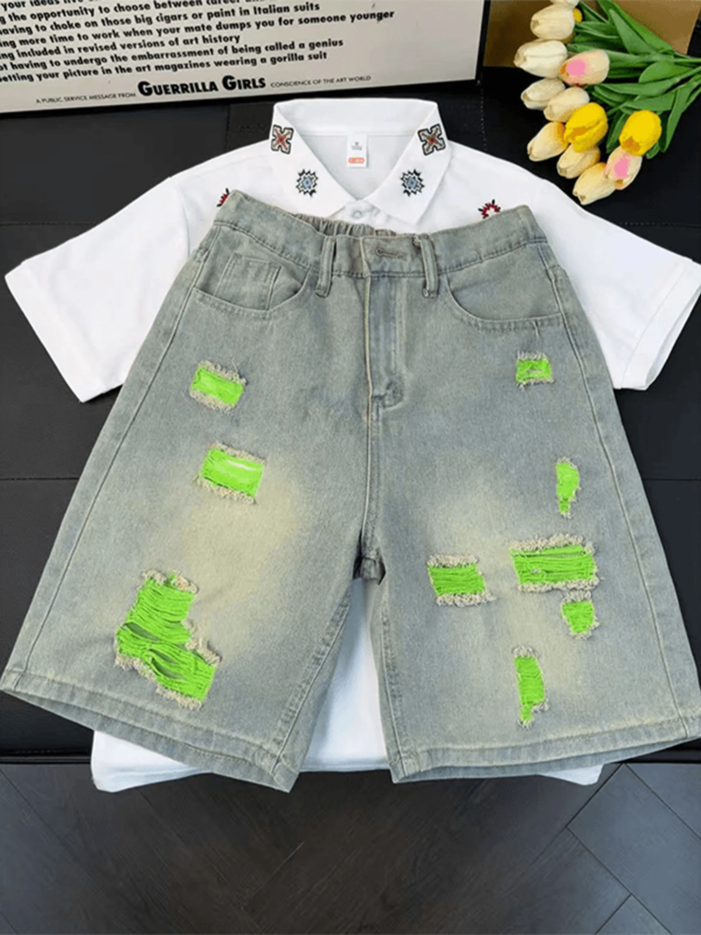 

American High Street Color Block Hole Denim Shorts Men Summer Washed Wide Leg Casual Loose Straight Five Shorts