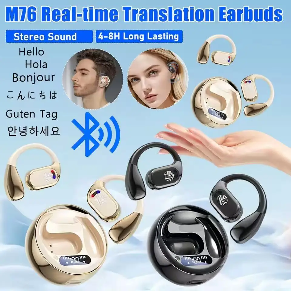 M76 AI Translator Earbuds Gaming Bluetooth 5.4 Wireless Headphones Low latency HD Call Earphones with Mic Waterproof