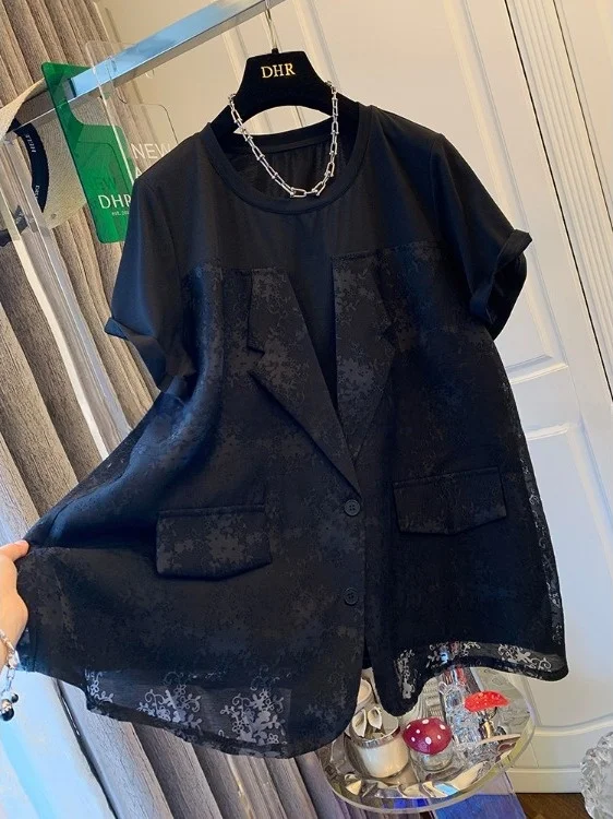 Unico bello estate iniziale da donna ort Sve T-irt Me vestito patchwork falso in due pezzi casual allentato sle materiale sottile