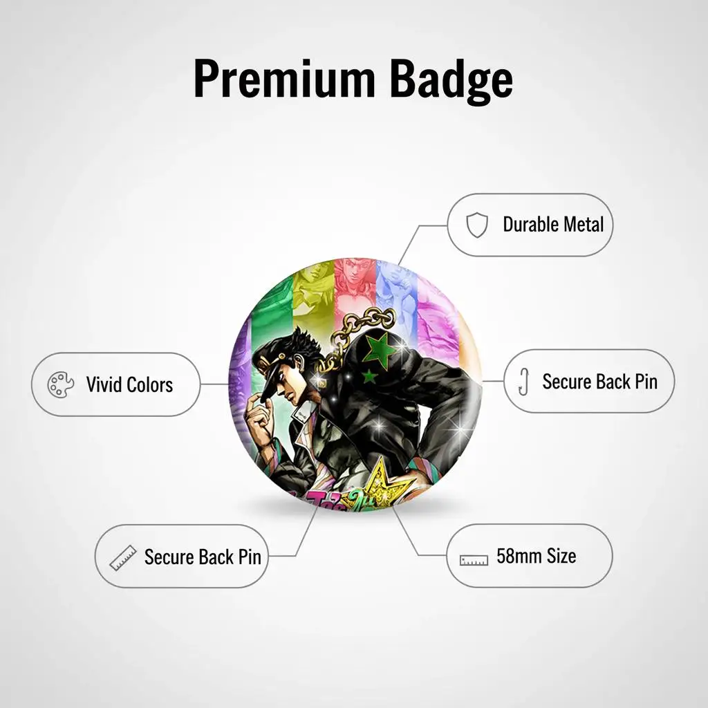 58mm JOJO Anime figure Round Badge Brooches Cool Creative Pins For Clothes Hat Backpack cosplay Decorate Accessories Gift Toy view 3