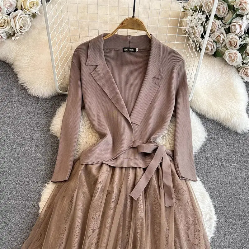 Autumn Winter Knitted Lace Dress Korean Temperament Long Sleeved Suit Collar Slim Sweater Splice A-Line Dress For Women Z4134