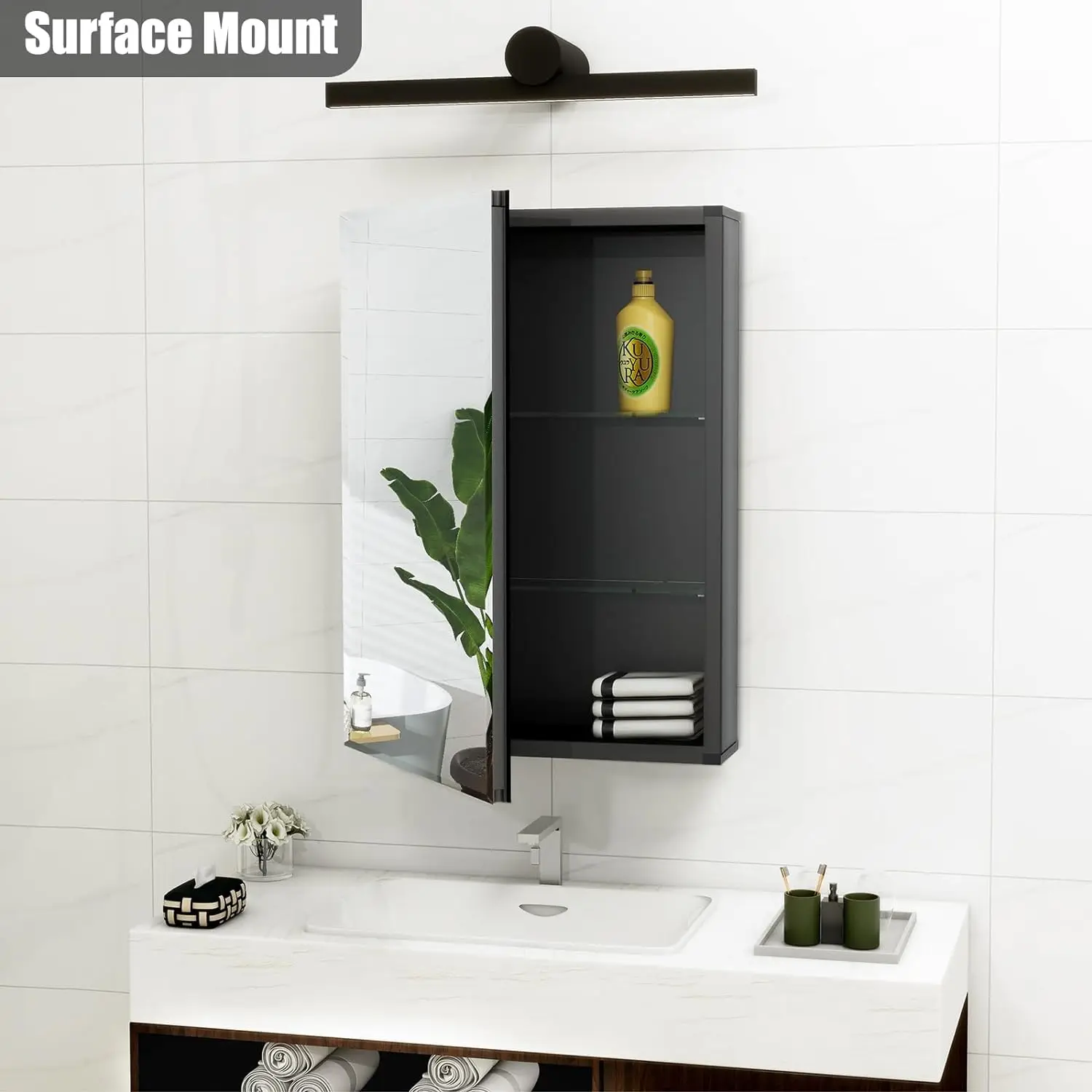 Medicine Cabinet 14 x 24 inches Mirror Size, Recessed or Surface Mount, Black Aluminum Bathroom Wall Cabinet with Mirror and Adj