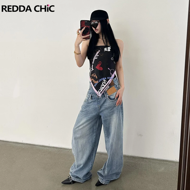 กางเกงยีนส์ทรงบอยเฟรนด์เอวต่ำแบบสองชิ้นปลอม มีกระเป๋า ลุคสบายๆ สไตล์เกาหลี REDDACHiC