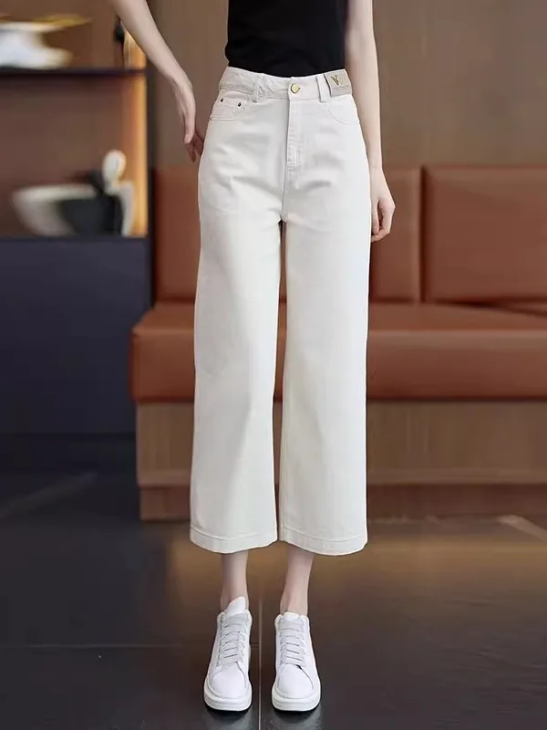 

Широкие джинсы с высокой талией, женские летние тонкие хлопковые джинсовые капри, однотонные тонкие тканевые удобные повседневные брюки