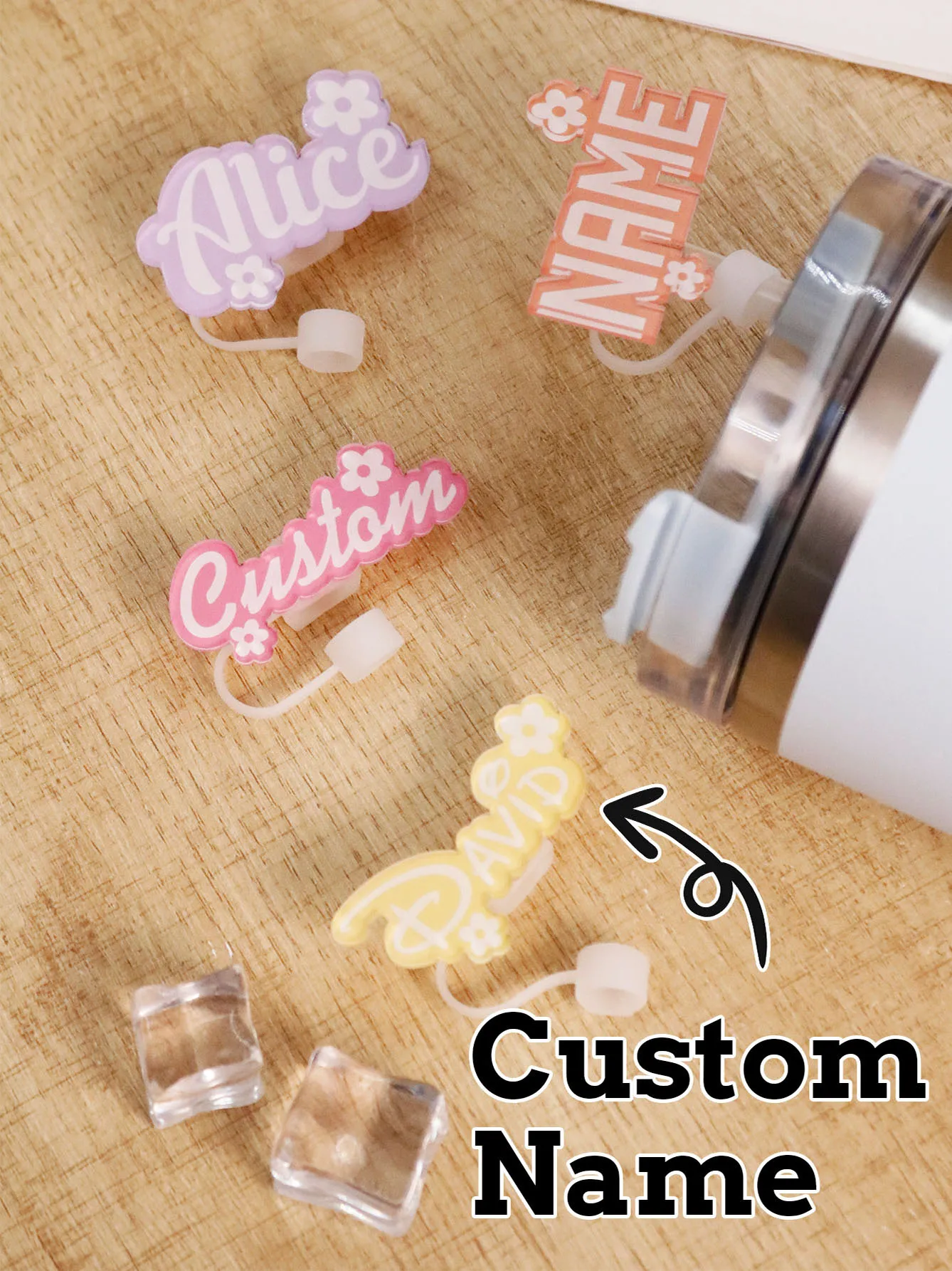 Custom Text Acrylic Straw Cover,Personalized Straw Cover,Customized  Dust Plug Straw Caps, Cute Straw Cover Name,