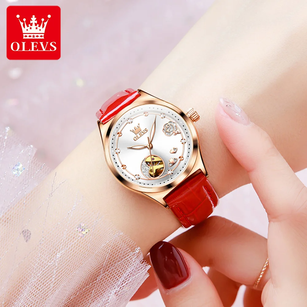 OLEVS 6601, женские часы, элитный бренд, полый розовое золото, бриллиантовый циферблат, кожаный ремешок, автоматические механические наручные часы для женщин