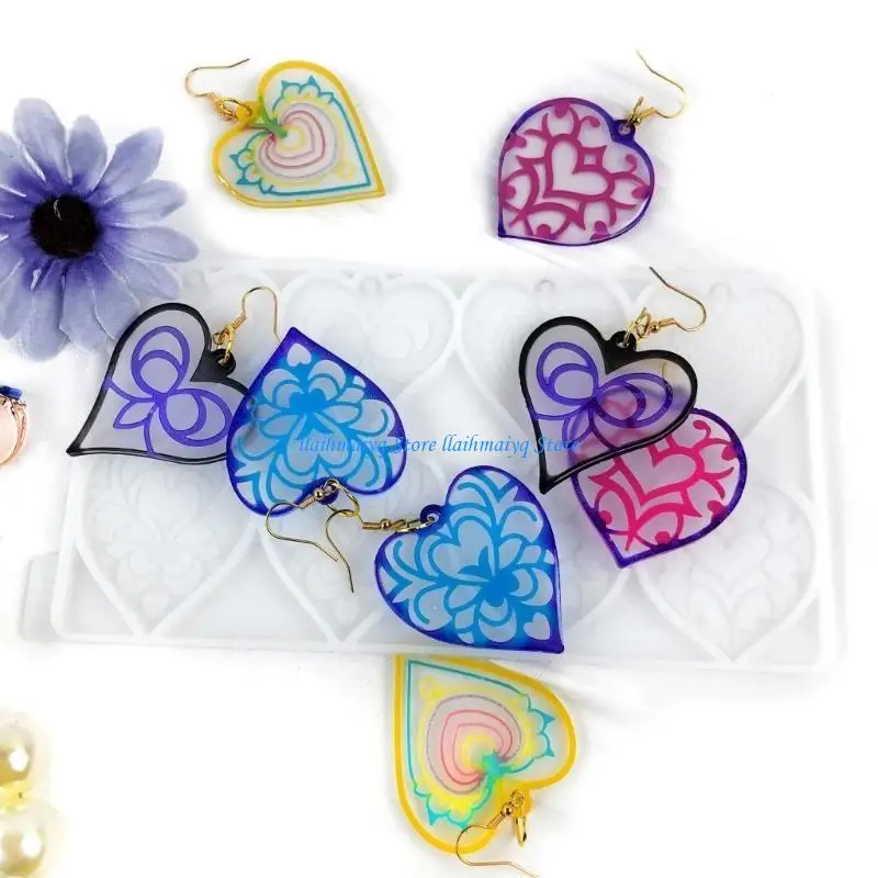 573B Beautiful Earrings Necklaces Keychains Pendant Mold Flexible Heart Pendant Silicone Mold for Jewelry Studios