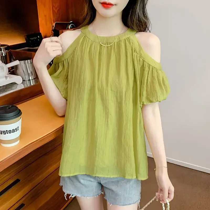 Female Tops Green Chiffon Women's Shirt and Blouse Off Shoulder Sexy New Collection 2024 Simple Cheap Stylish Aesthetic Cool Xl