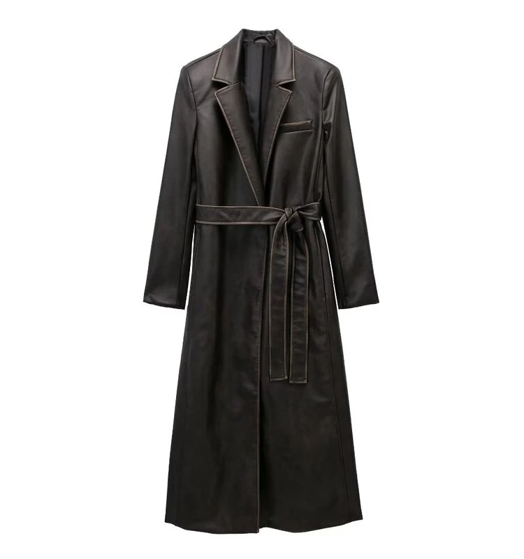 

Новинка осени 2023, женское модное потертое кожаное пальто, универсальный длинный костюм-свеч с воротником, верхняя одежда для поездок на работу