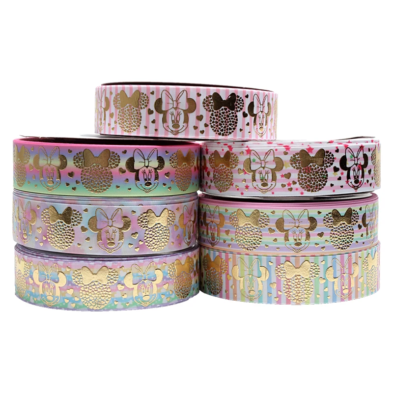 

38mm Disney Mickey Mouse Foil Gold Grosgrain Ribbon Printed 50yards for DIY Bows Craft Supplies Decoration Handmade Materials