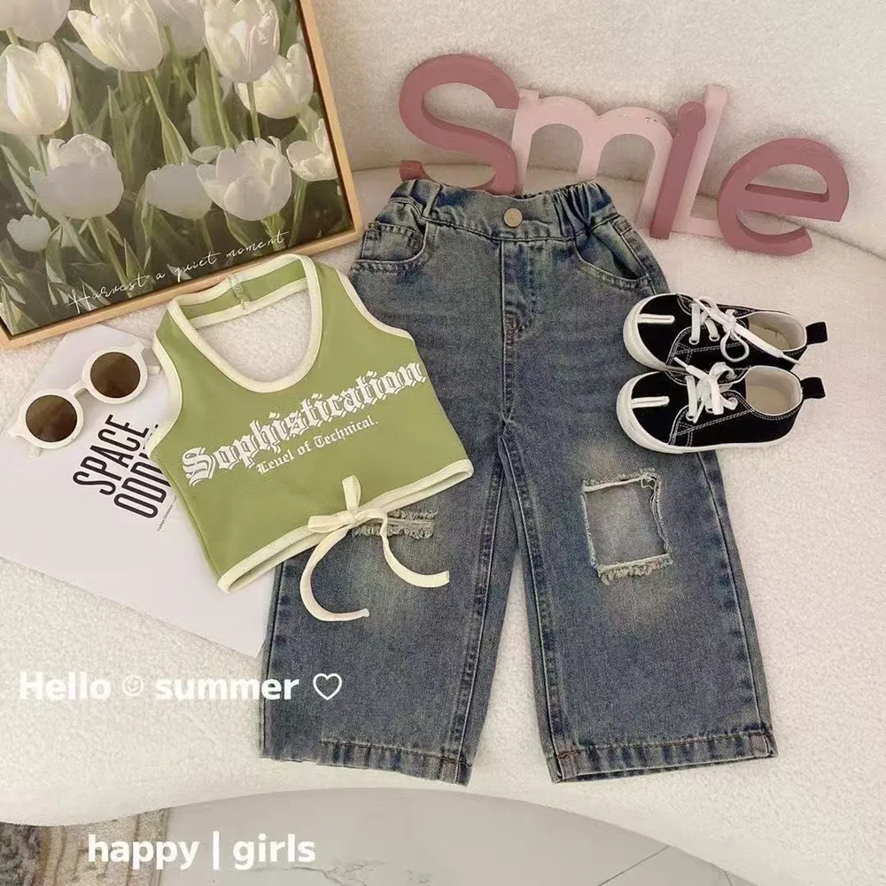 2026 New Girls Summer Set With Stylish Children's Camisole Vest and Ripped Jeans Two-piece Set Kids Outfits