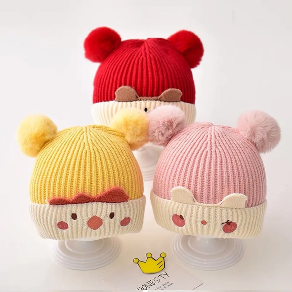 

New Cute Double Pompom Beanie Bonnet Windproof Thicken Pullover Hat Cold Proof Warm Ear Protection Cap Baby