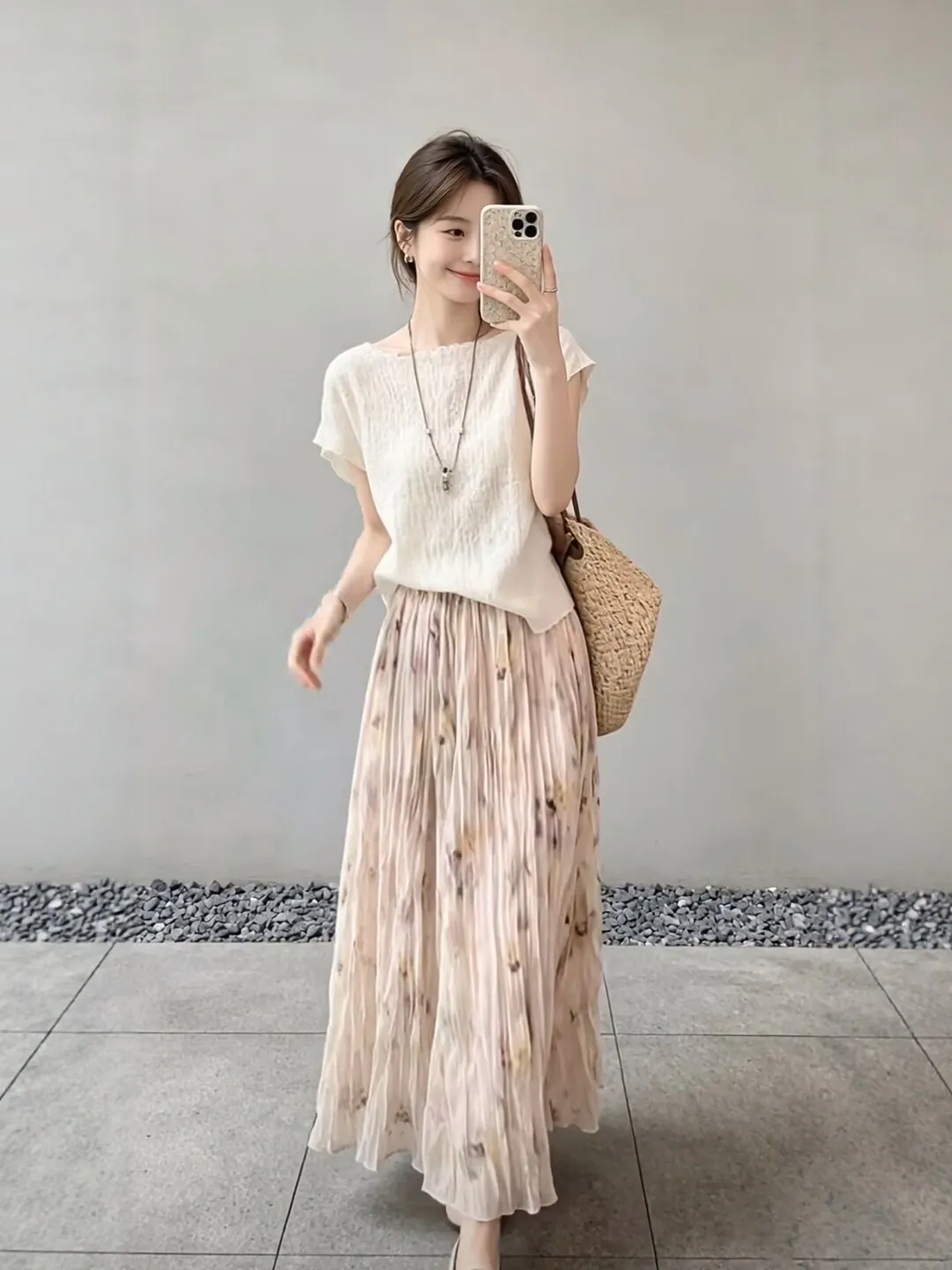 

Summer Floral Print Short Sleeve Top And High Waist Skirt Set Women's Fashion Korean Style Casual Wear Polyester Material
