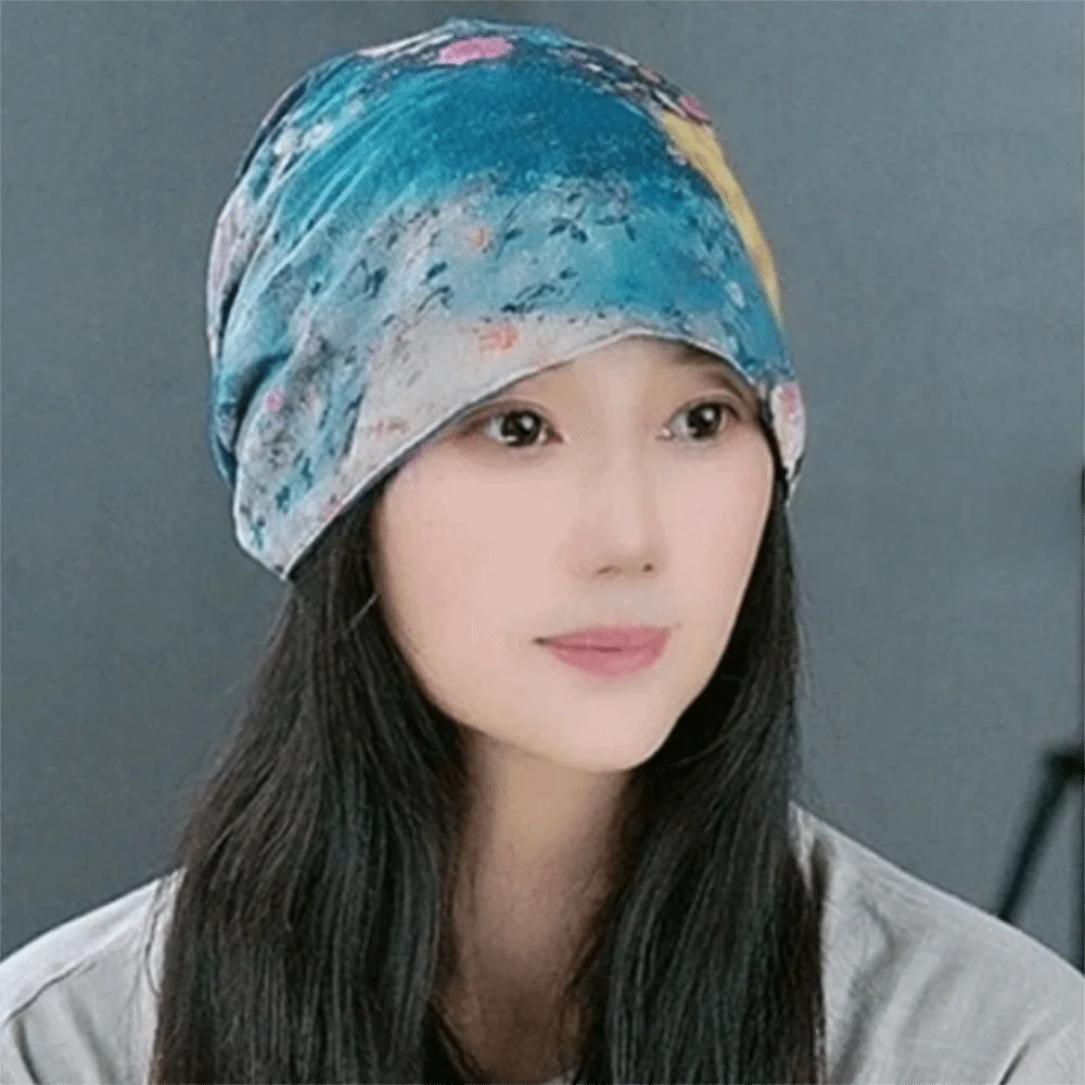 Casual Oil Painting Style Beanie Cap Double-sided Cover Head Cap Windproof Keep Warm Slouchy Hat for Women