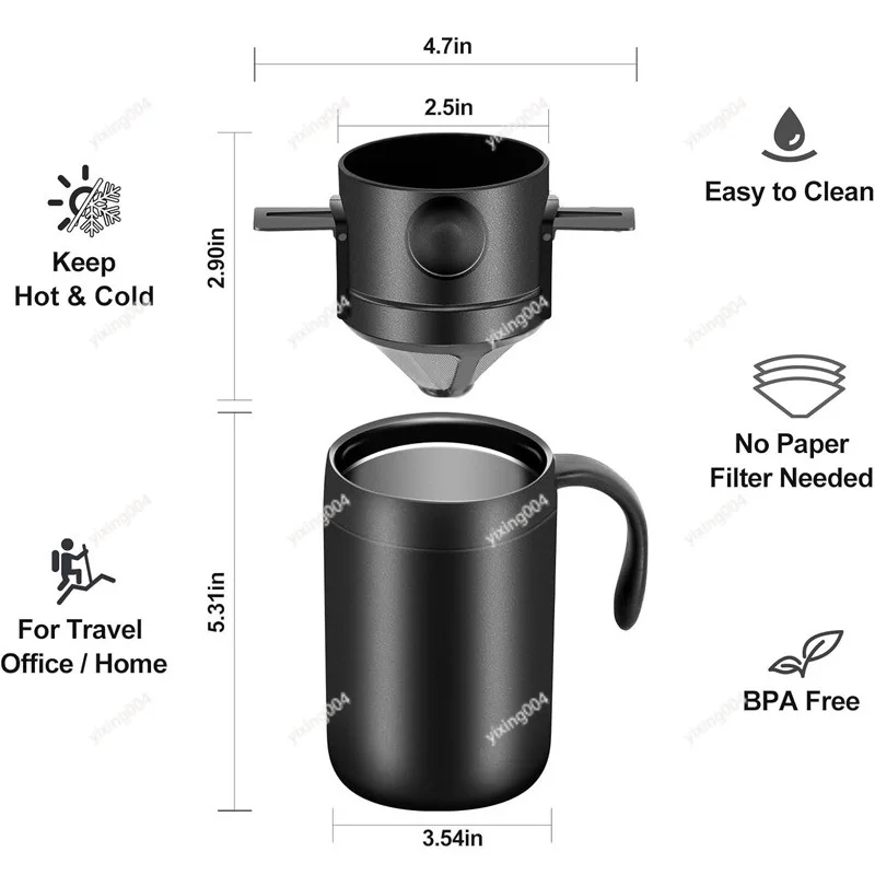 Portable Stainless Steel Pour Over Coffee Mug Insulated Travel Cup Dripper Set Outdoor