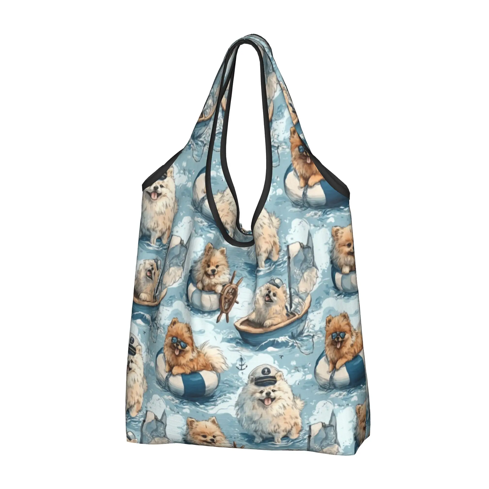 Nautical Aesthetic Pomeranians Grocery Shopping Bags Kawaii Shopper Shoulder Tote Bag Big Capacity Portable Dog Lover   Handbag