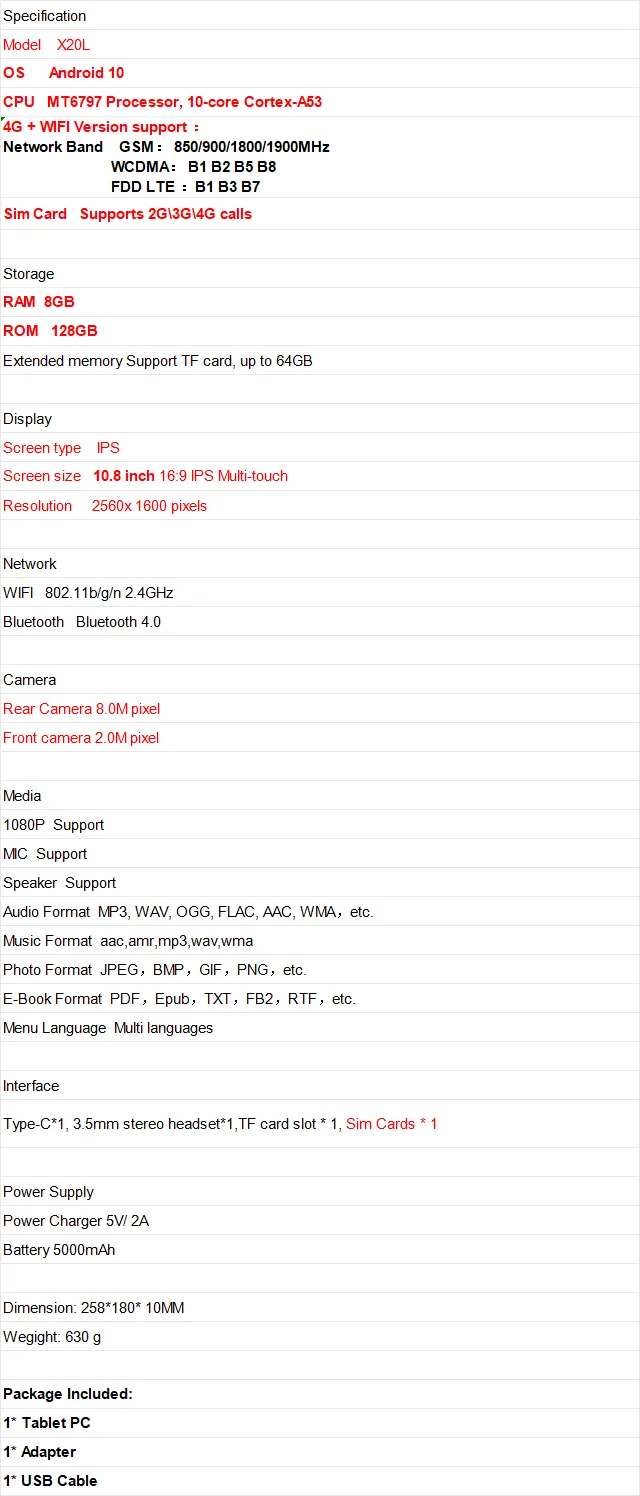 10.8' Screen 8GB RAM 128GB ROM X20L Android 10 CPU MT6797 Processor, 10-core Cortex-A53 2G 3G 4G Calls 2560x 1600 Pixels