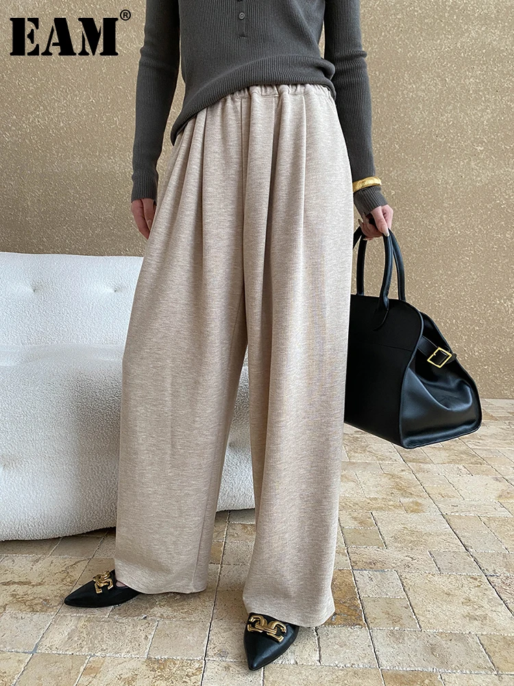 [EAM] High Elastic Waist Oat Color Brief Elegant Long Wide Leg Pants New Trousers Women Fashion Tide Spring Autumn 2025 1DH7259