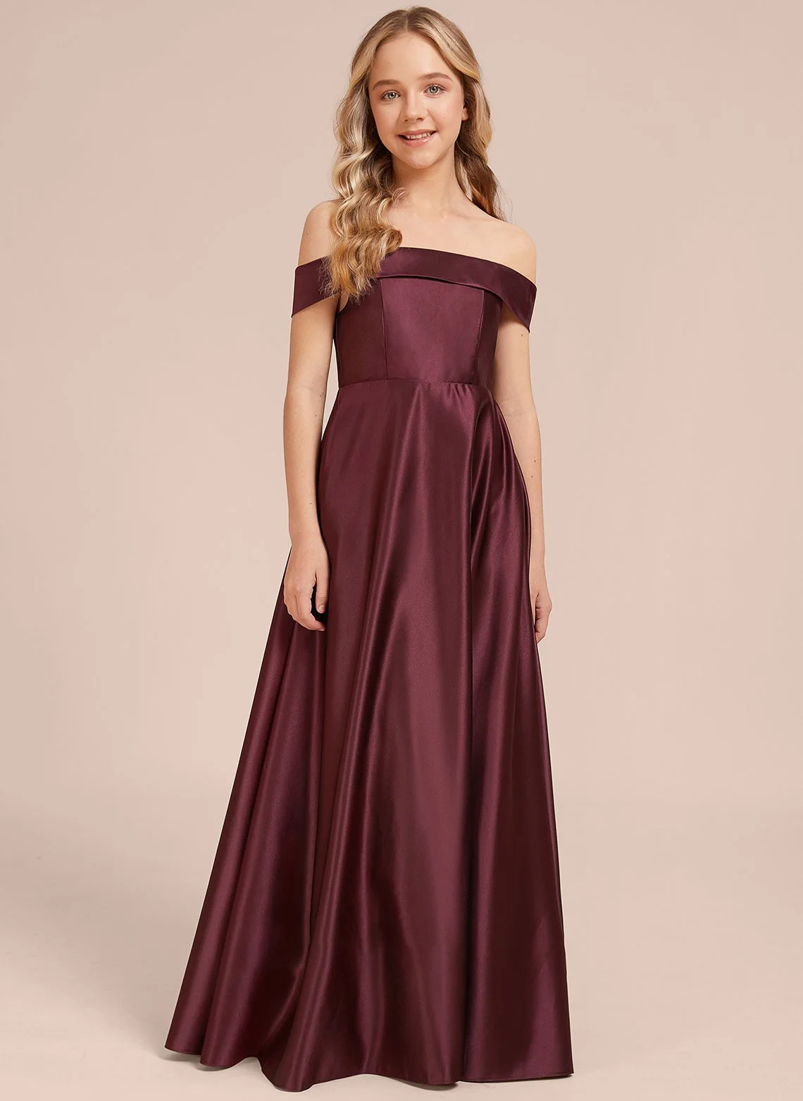 YZYmanualroom A-line Off the Shoulder Floor-Length Stretch Satin Junior Bridesmaid Dress/ Customizable