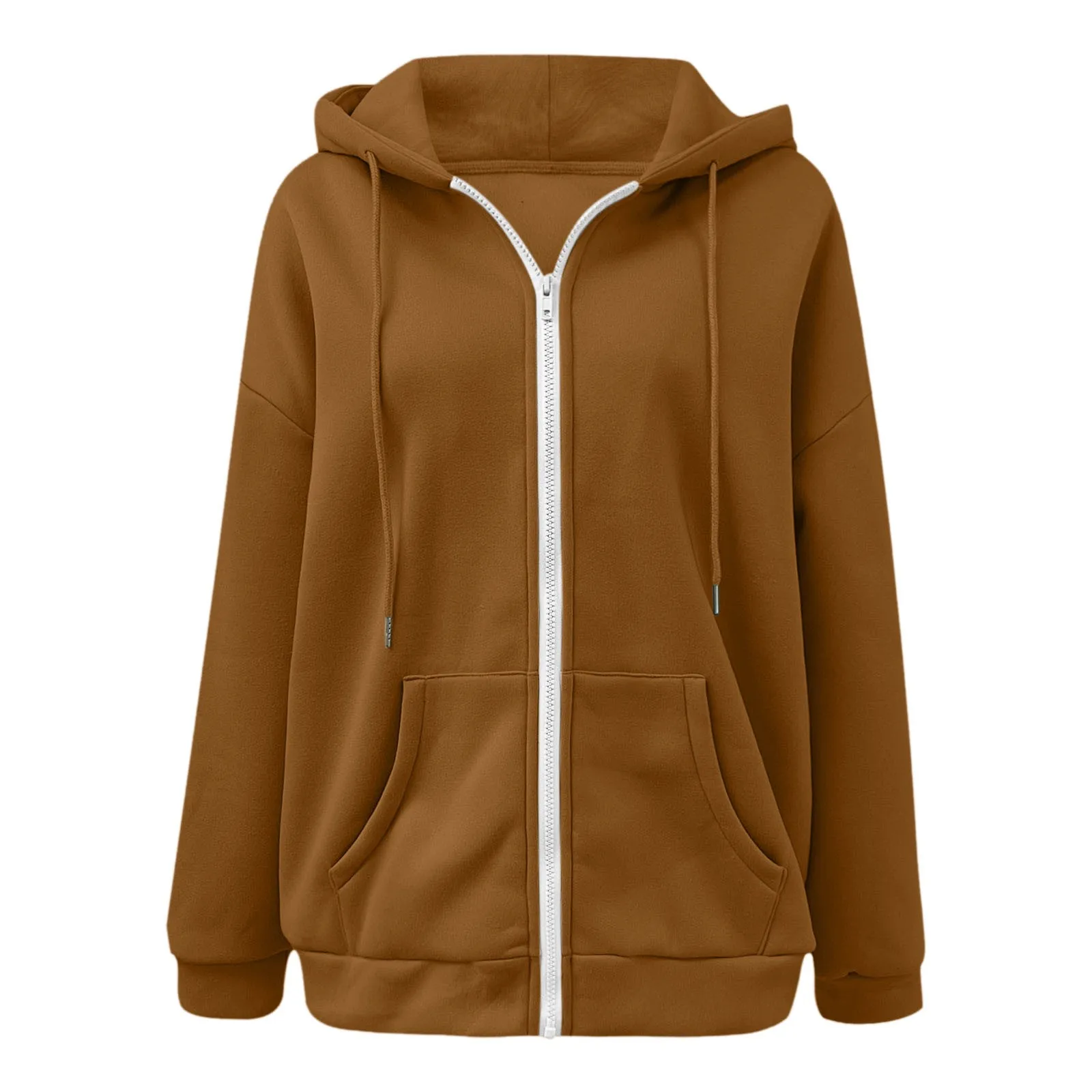 Plus Size Hoodie For Women Casual Solid Color Long Sleeve Zipper Hooded Coat Pocket Stitch Sweatshirt Tops Fleece Zip Up Jackets