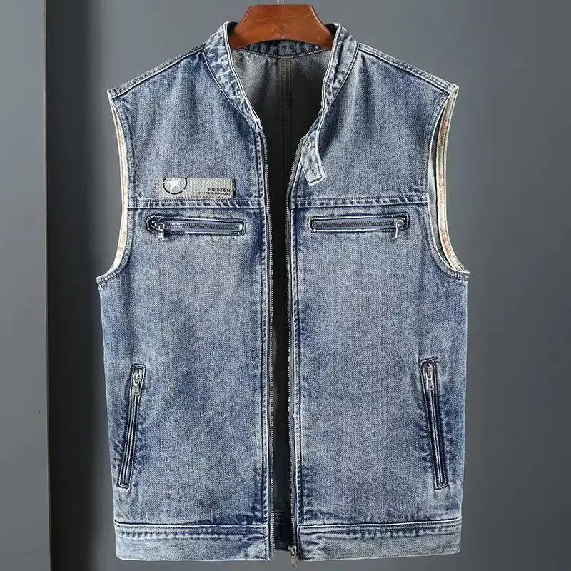 

Летний модный ретро свободный мотоциклетный жилет больших размеров, мужской модный жилет с воротником-стойкой в американском стиле, мужской жилет