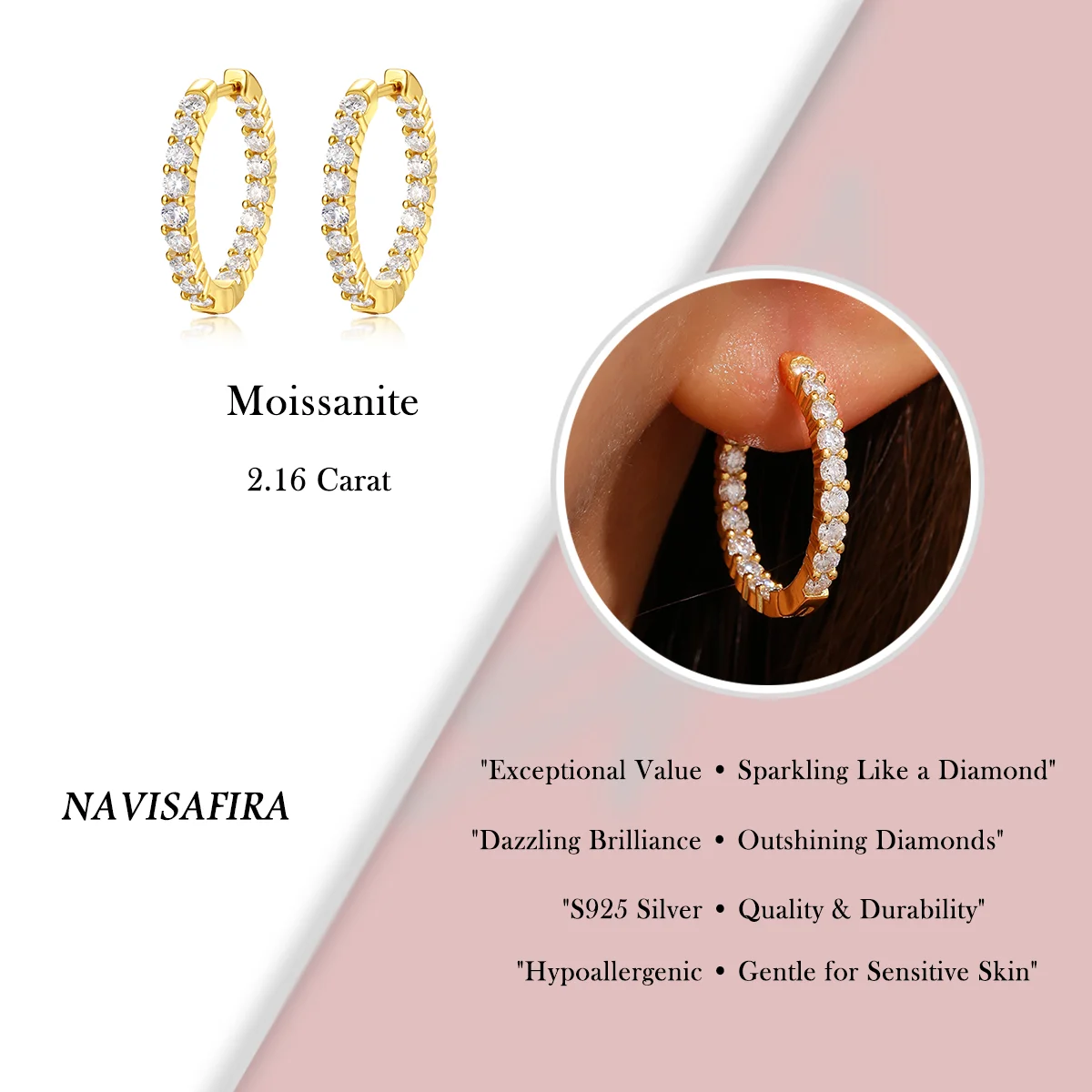 S925 Gold-Plated Moissanite Hoop Earrings – Stylish Luxurious Design with Sparkling Stones, Perfect for Daily and Evening Wear