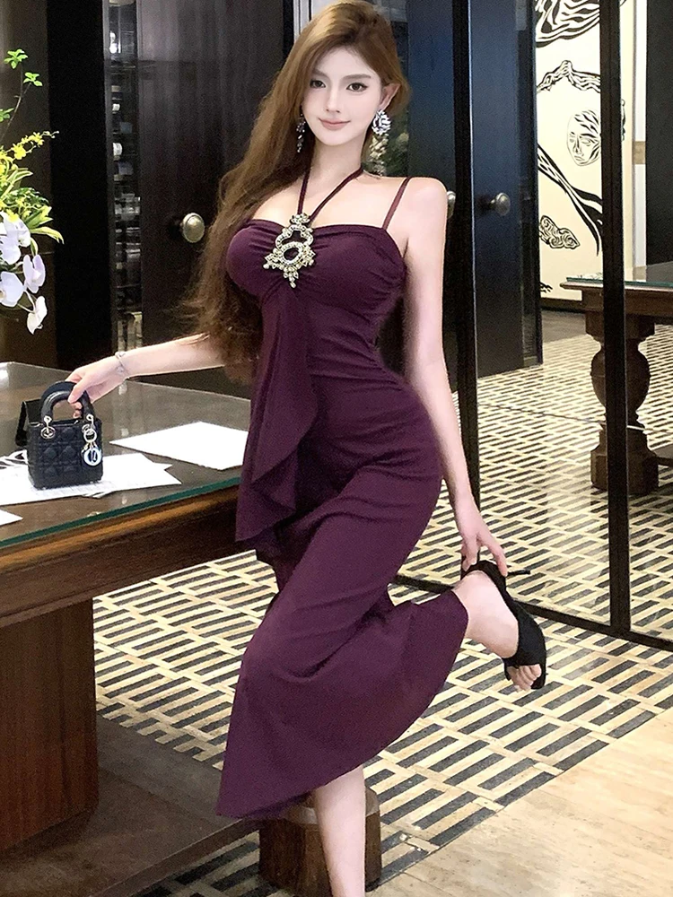 2025 novo roxo elegante babados diamantes estilingue vestido sexy feminino vestido de festa de dança de luxo verão coreano bodycon festival vestidos