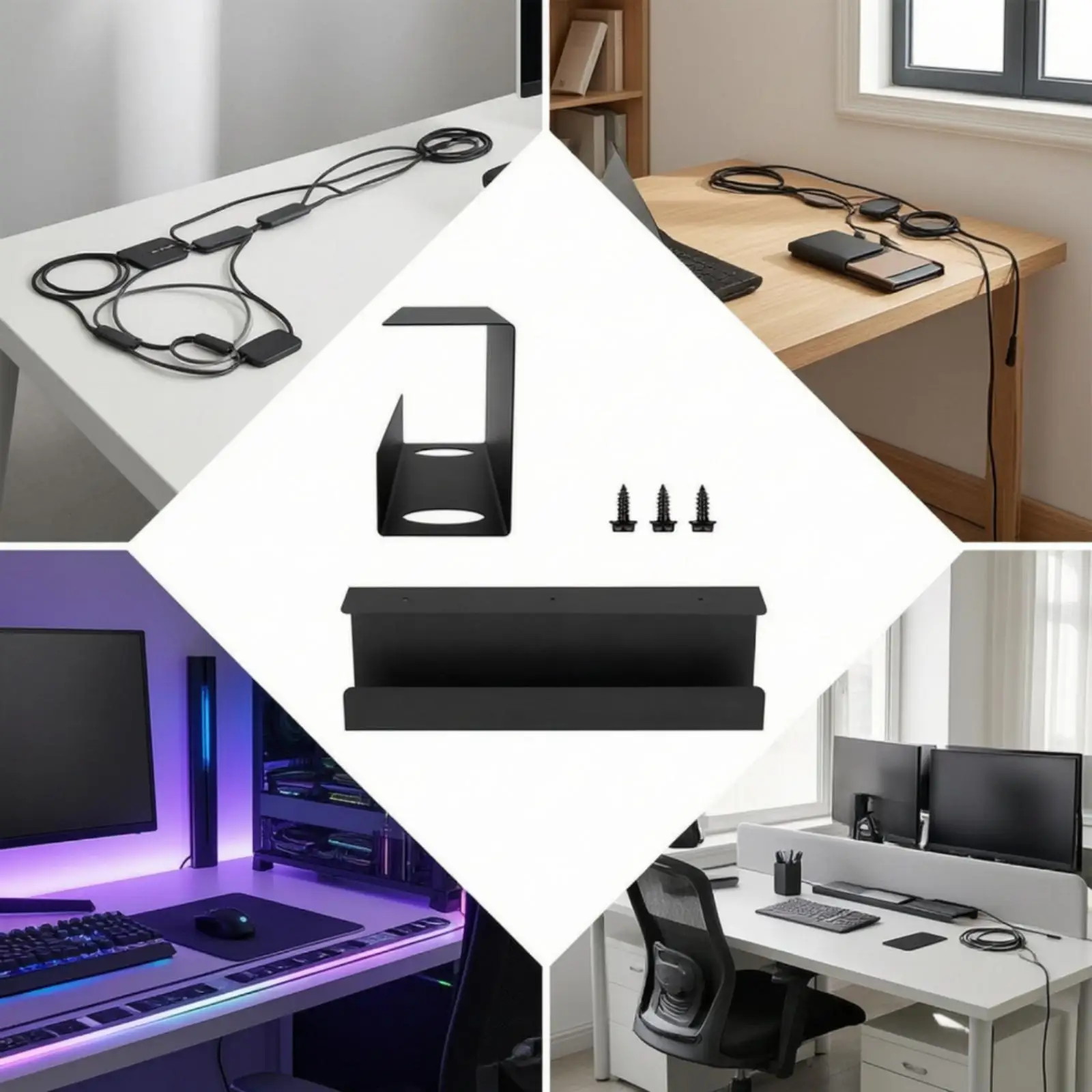 Cable Organizer Under Desk Carbon Steel Tray with Oval Pass Through Holes for Cables and Wires for Workstation