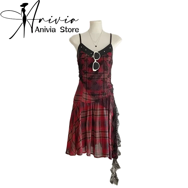 Women Red Plaid A-line Lace Dress Vintage Elegant Sleeveless Off Shoulder Dresses Emo Y2k One Piece Frocks 2000s Clothes Summer