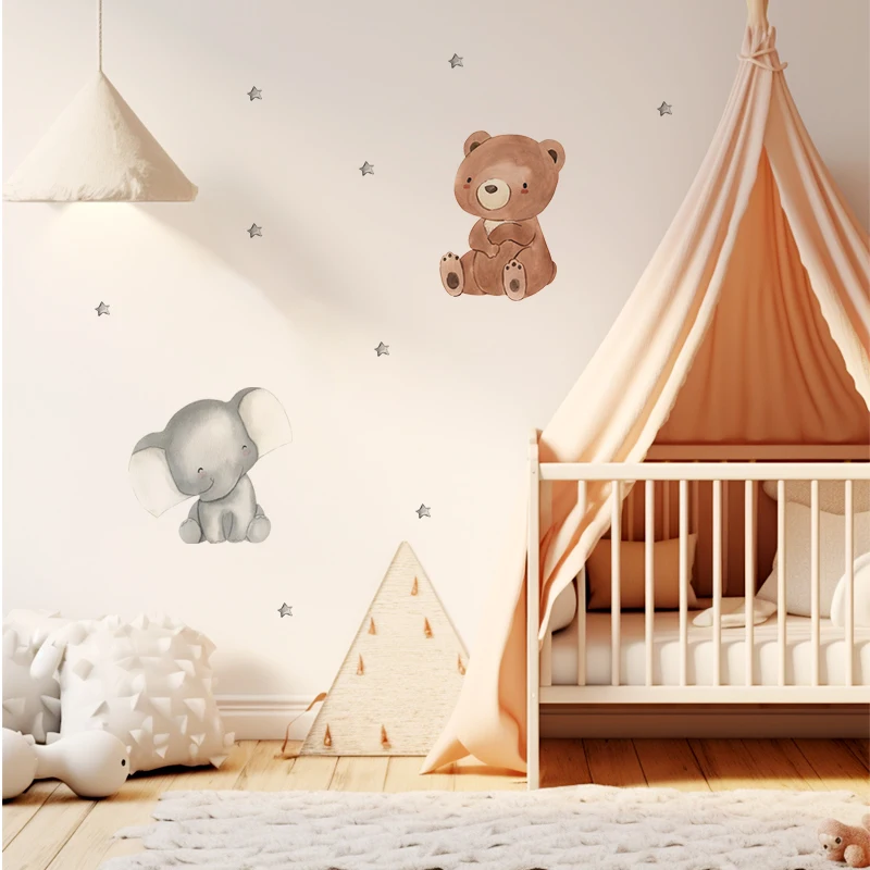 Watercolor Cartoon Animals Wall Stickers For Children\'s Rooms Small Bear Elephant Stars Wallpaper Decoration Kid Bedroom Nursery